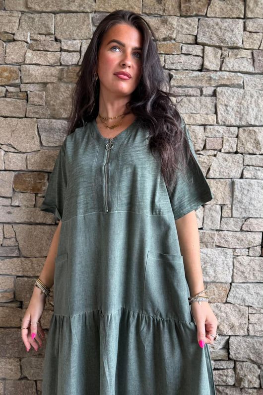 Rustic Nature Linen Blend Smock T Shirt Dress Washed Moss